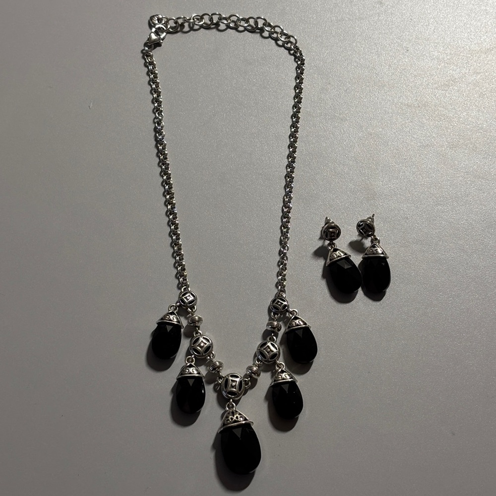 Brighton Serene Nights Necklace Earrings Set Black Faceted Glass Silver Plated
